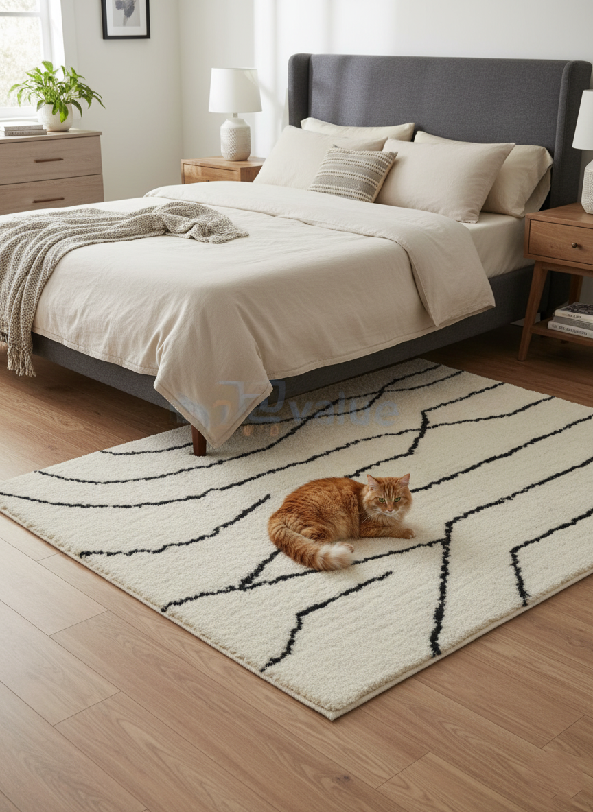 Modern Abstract Shag Area Rug – Soft Cream Base with Black Line Design