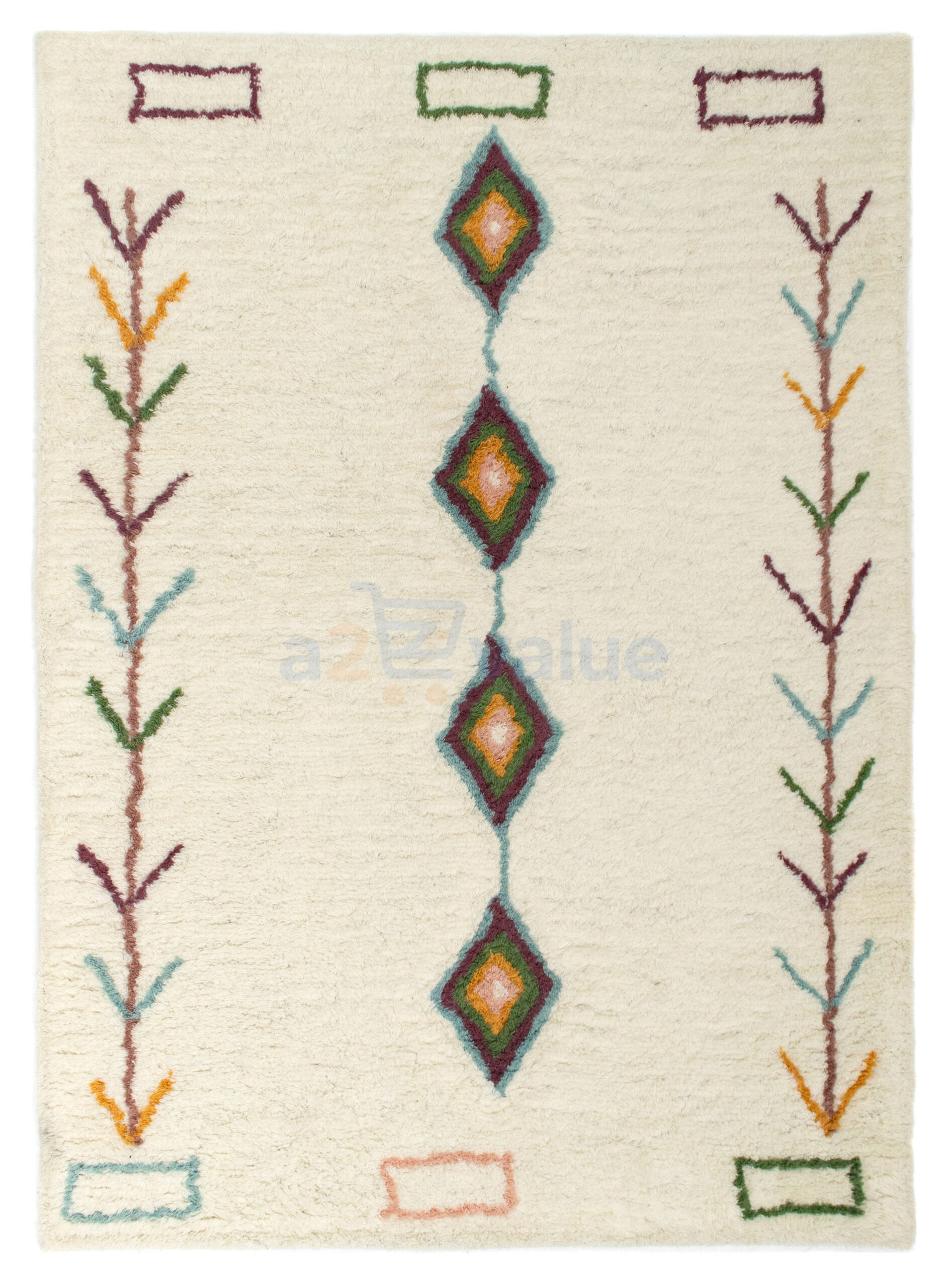 Handwoven Berber-Style Geometric Area Rug – Cream Base with Multicolor Tribal Accents