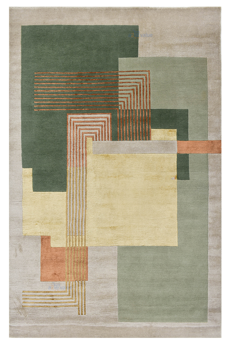 Modern Geometric Abstract Hand-Tufted Wool Rug – Earthy Green, Ochre, and Terracotta