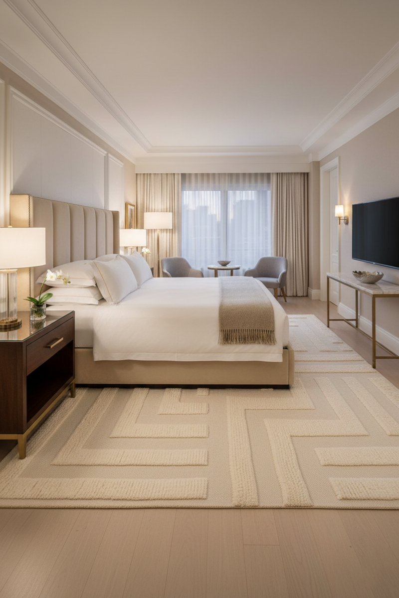 Hand-Knotted Architectural Relief Rug in Champagne & Crème