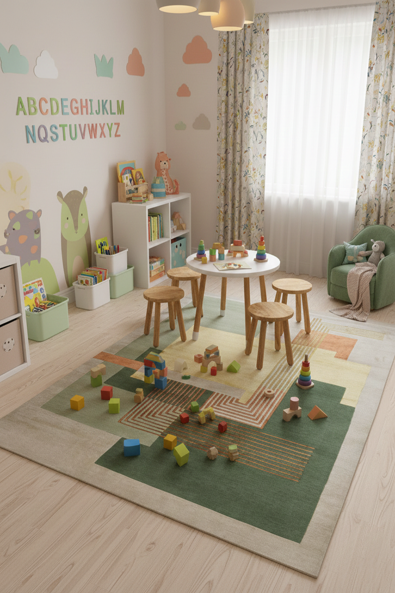 Modern Geometric Abstract Hand-Tufted Wool Rug – Earthy Green, Ochre, and Terracotta